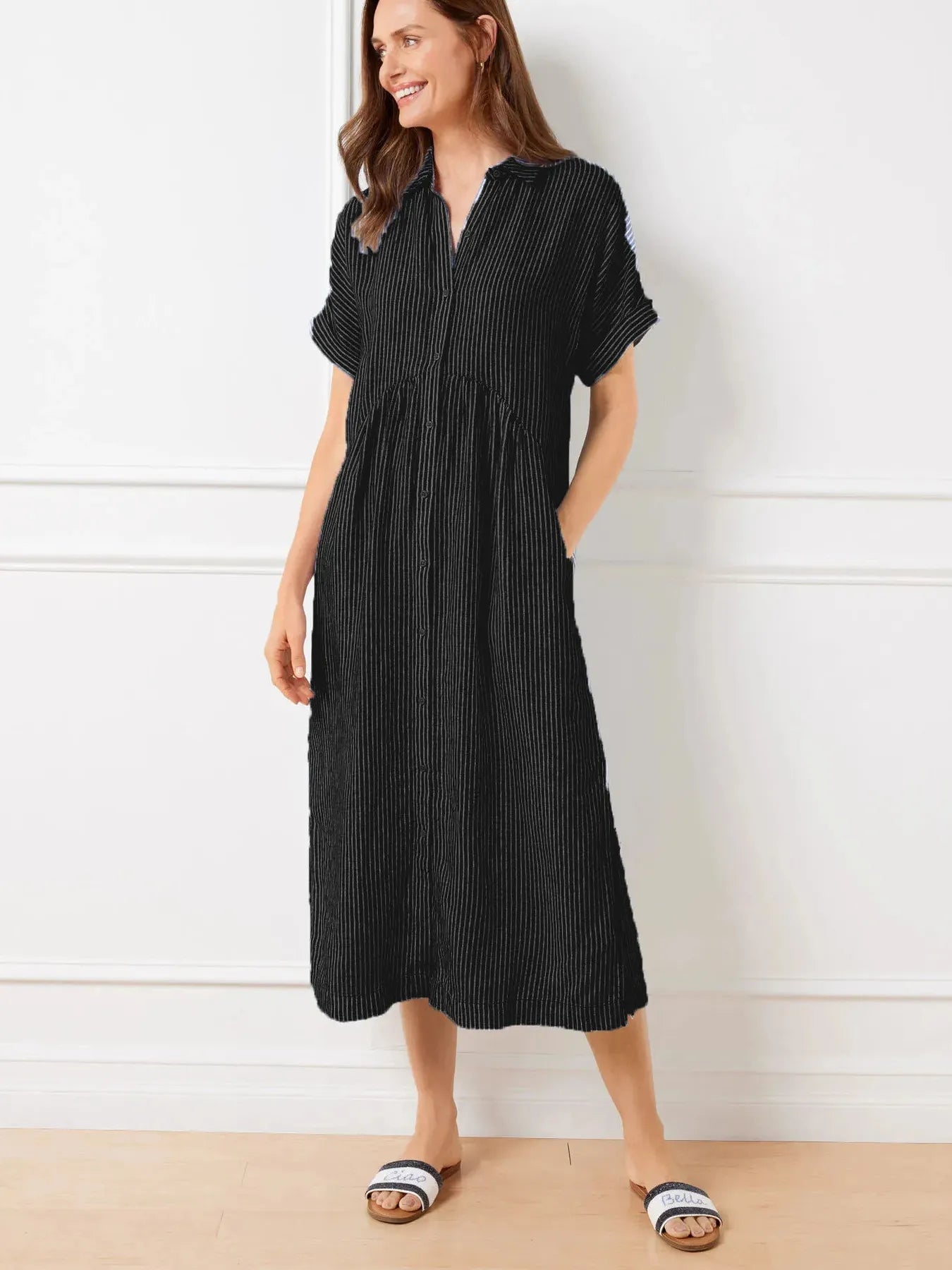 Full Size Striped Button-Front Midi Dress Plus Size