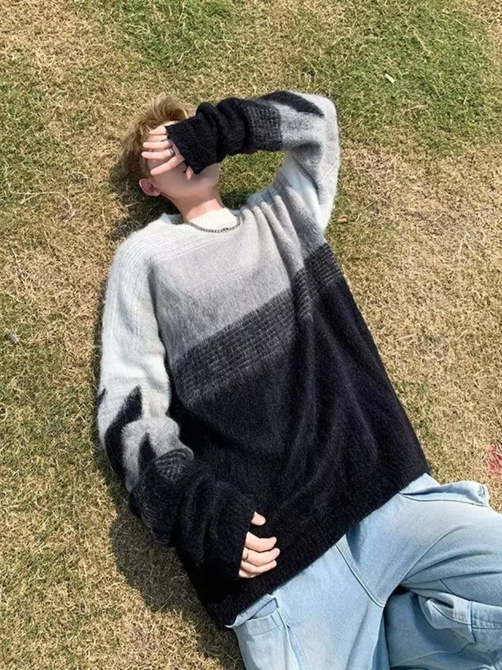 Men's Gradient Color Block Fuzzy Knit Pullover