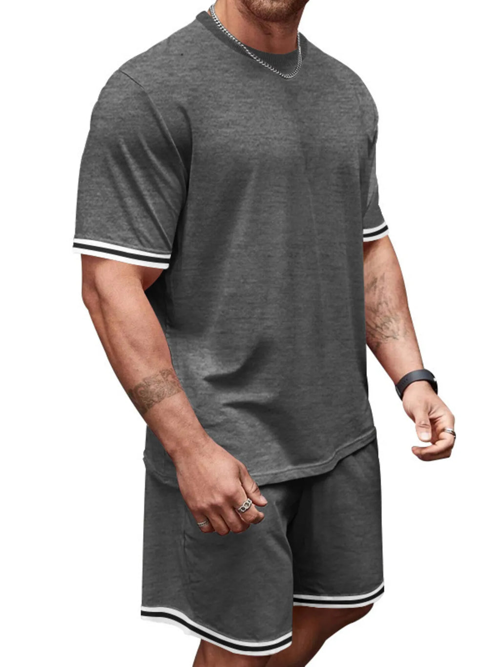 Men's Full Size Striped Short Sleeve Tee and Shorts Set Plus Size