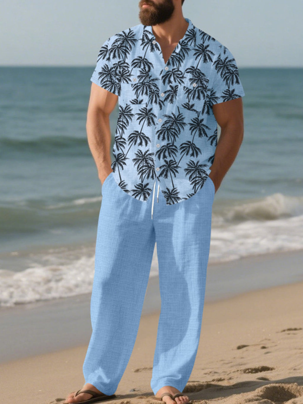 Men's Full Size Tropical Palm Print Button Up Shirt and Pants Set Plus Size
