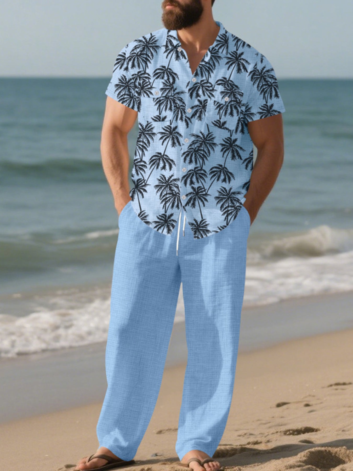 Men's Full Size Tropical Palm Print Button Up Shirt and Pants Set Plus Size