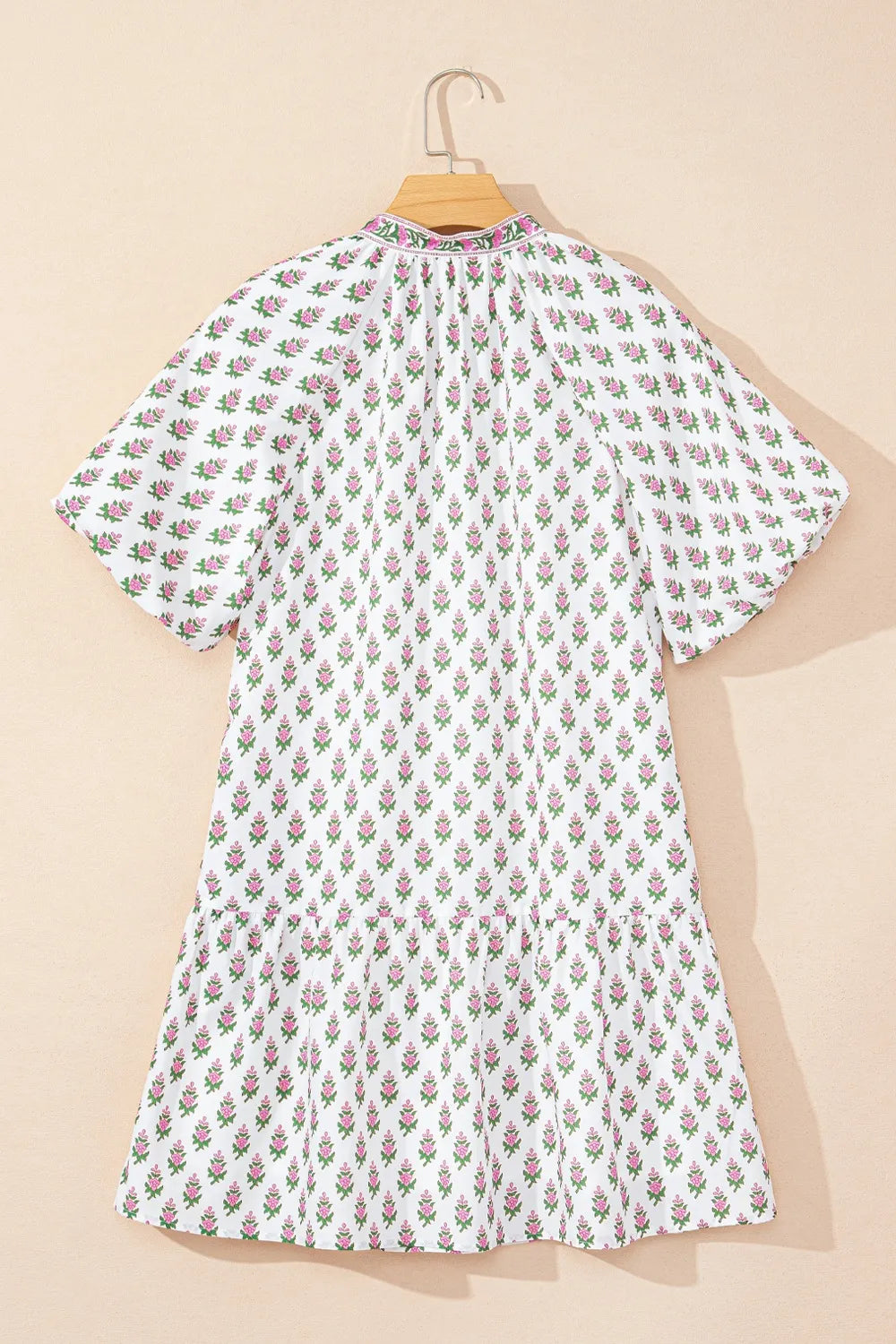 Floral Print Puff Sleeve Tie Neck Ruffled Hem Dress