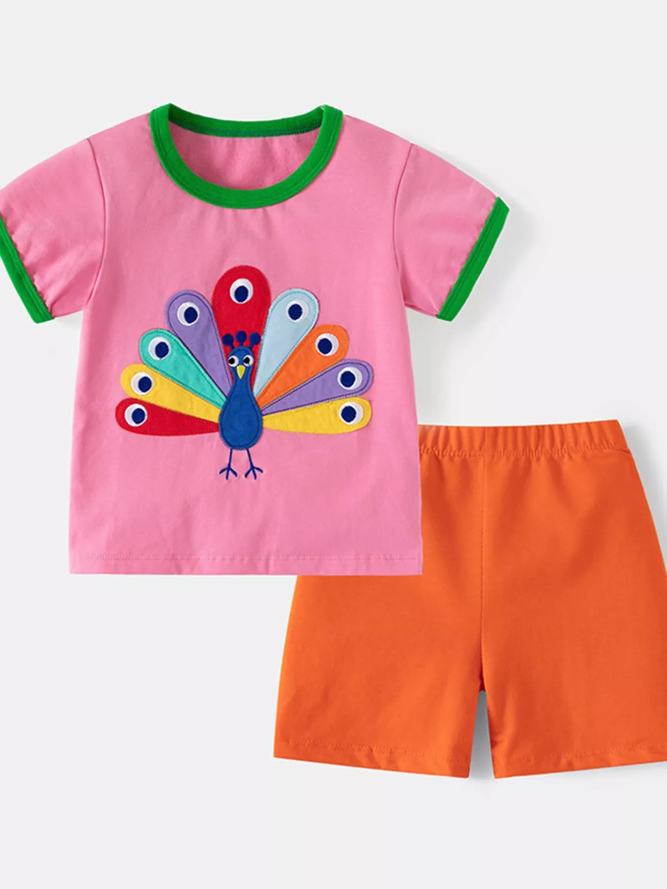 Children's Peacock Embroidered Short Sleeve Tee and Shorts Set