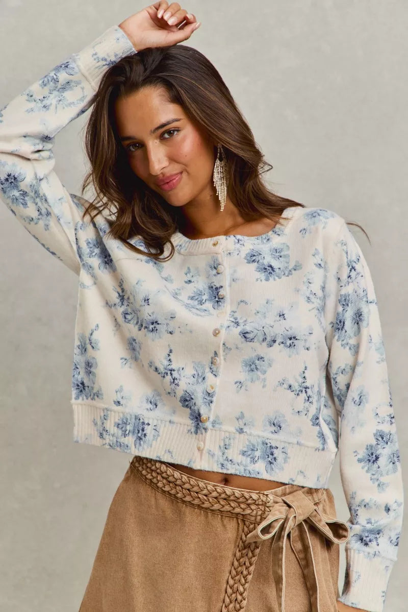 SO ME Vintage Floral Print Button Down Sweater Cardigan