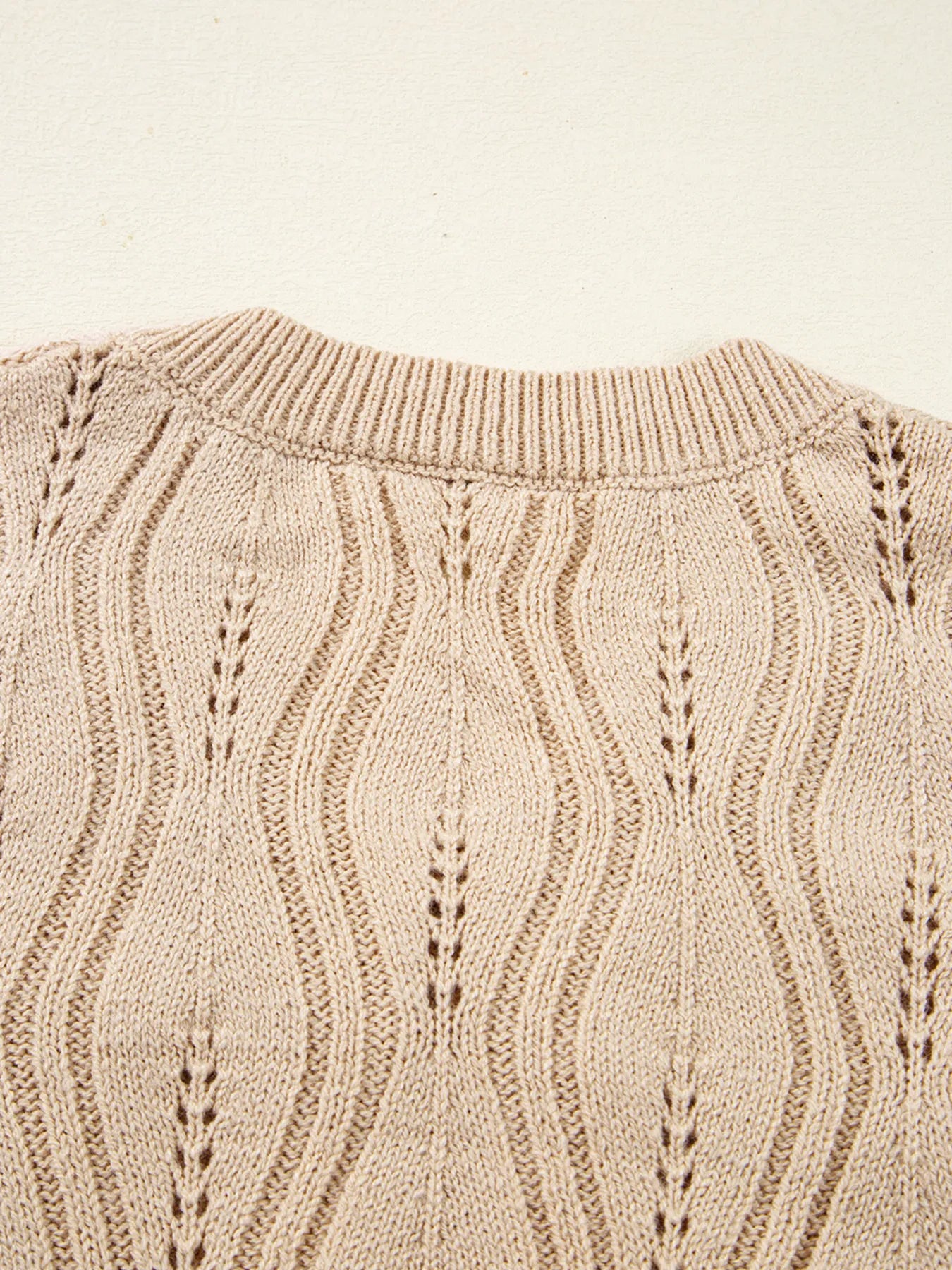 Pearl Beaded Pointelle Knit V Neck Lace Patchwork Sleeve Sweater