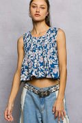 POL Floral Round Neck Cropped Pintuck Tank