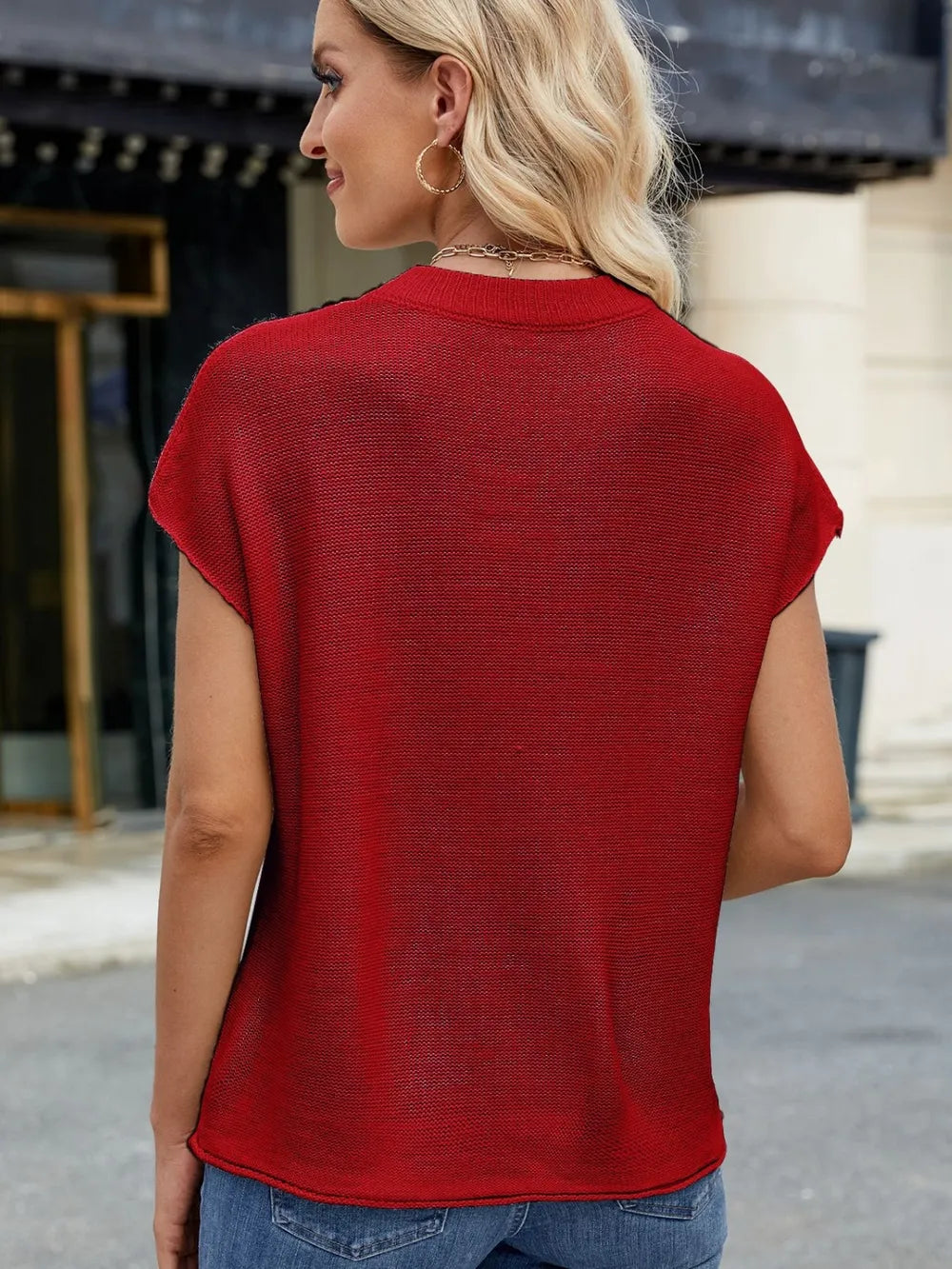 Exposed Seam Round Neck Short Sleeve Sweater