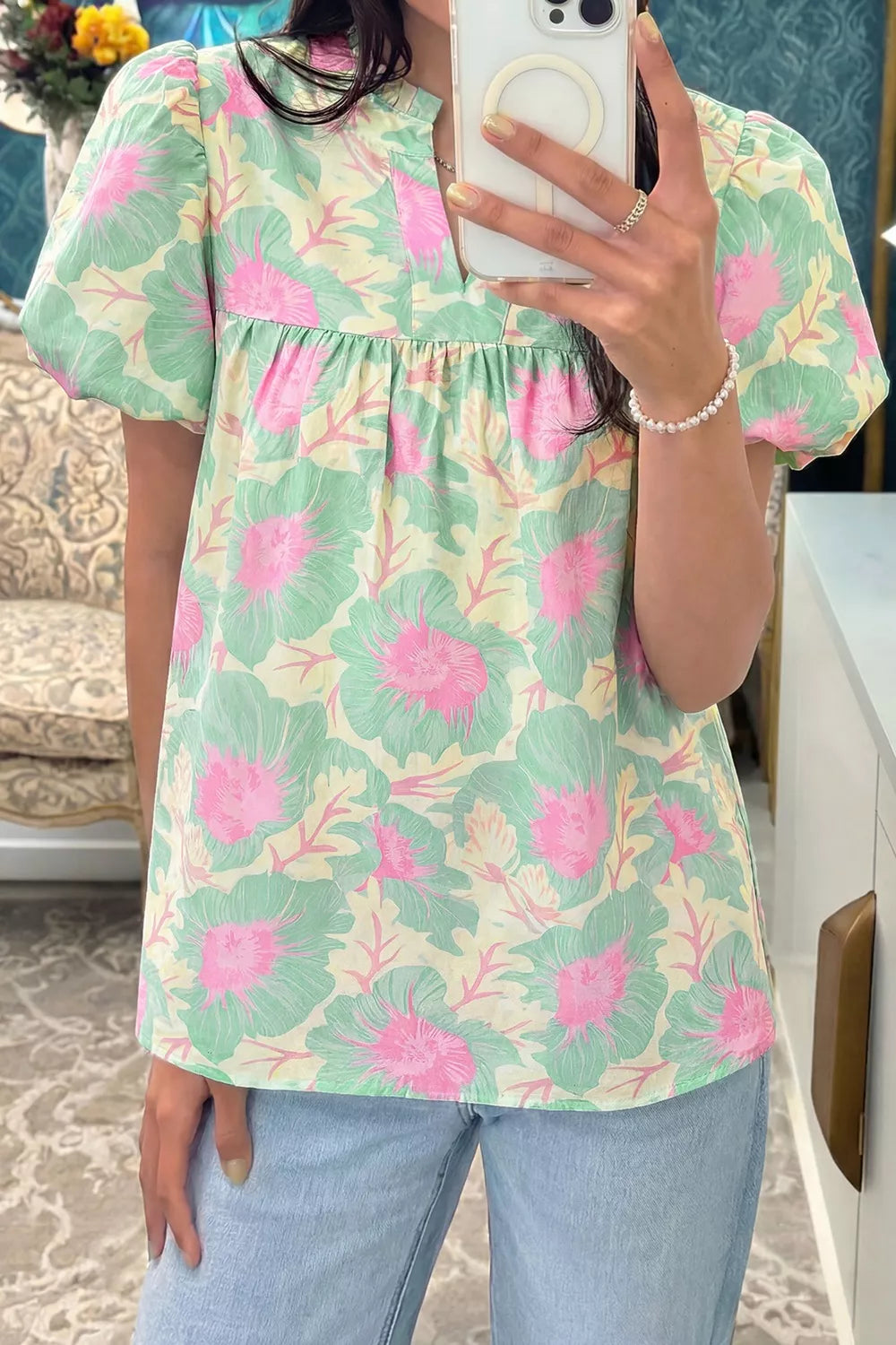Floral Print Puff Sleeve Blouse