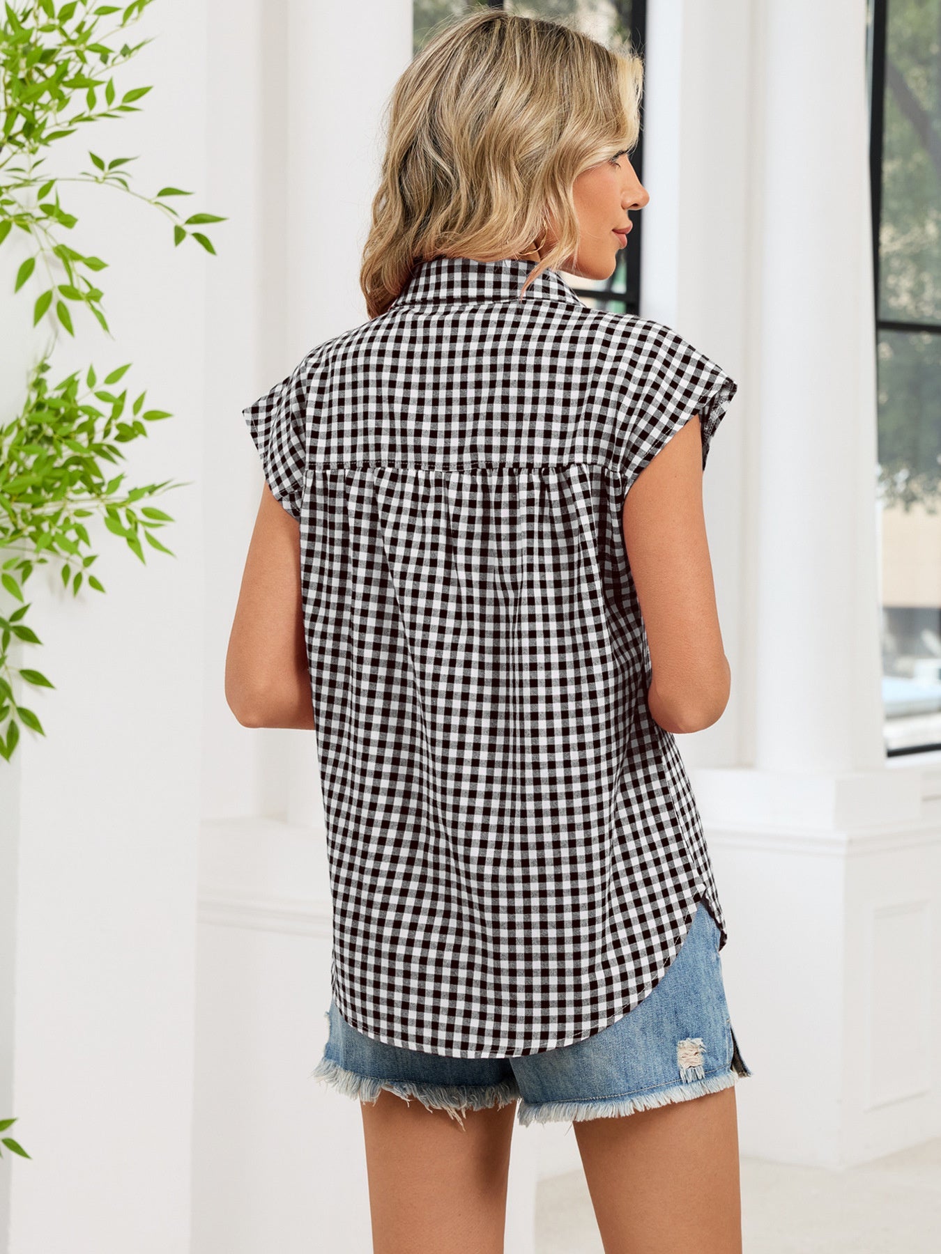 Plaid Button Up Cap Sleeve Shirt