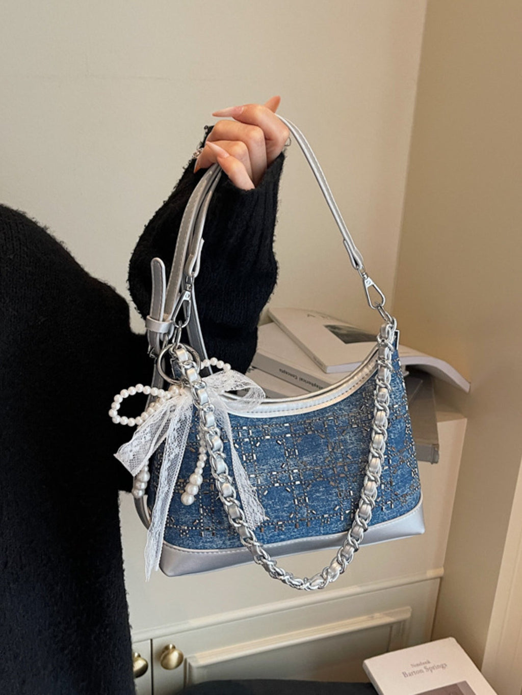 Tweed Pearl Decor Crossbody Bag