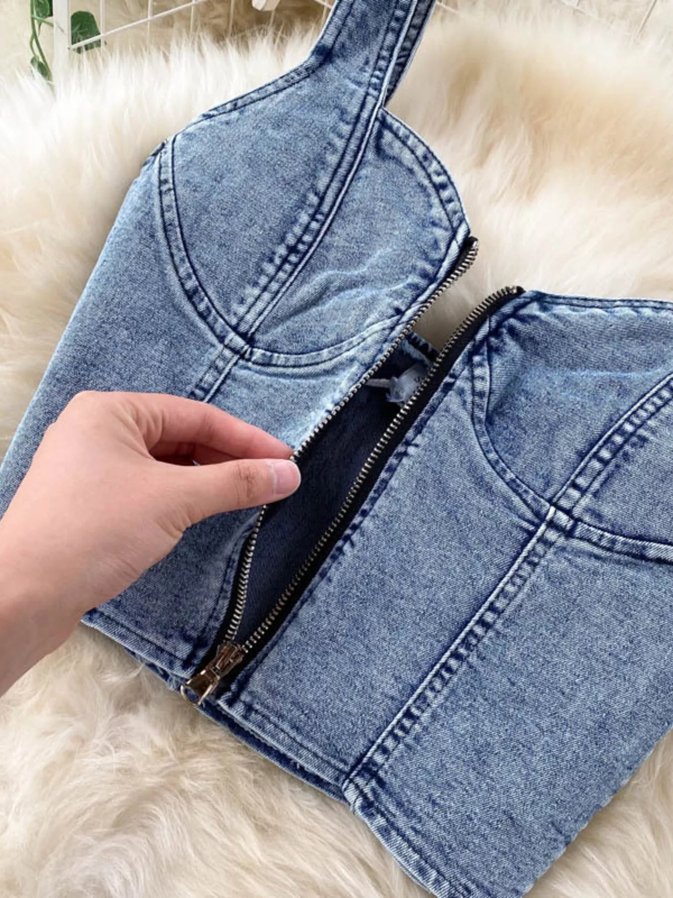 Zipper Top & Button Slit Skirt Denim Set