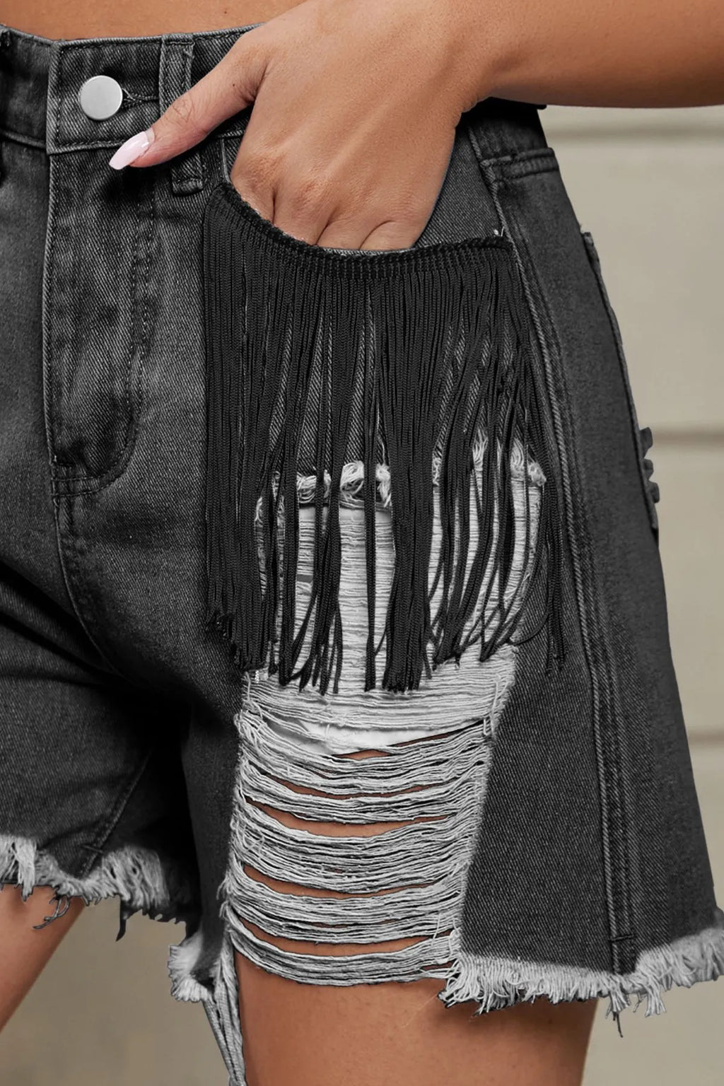 Distressed Fringe Denim Shorts