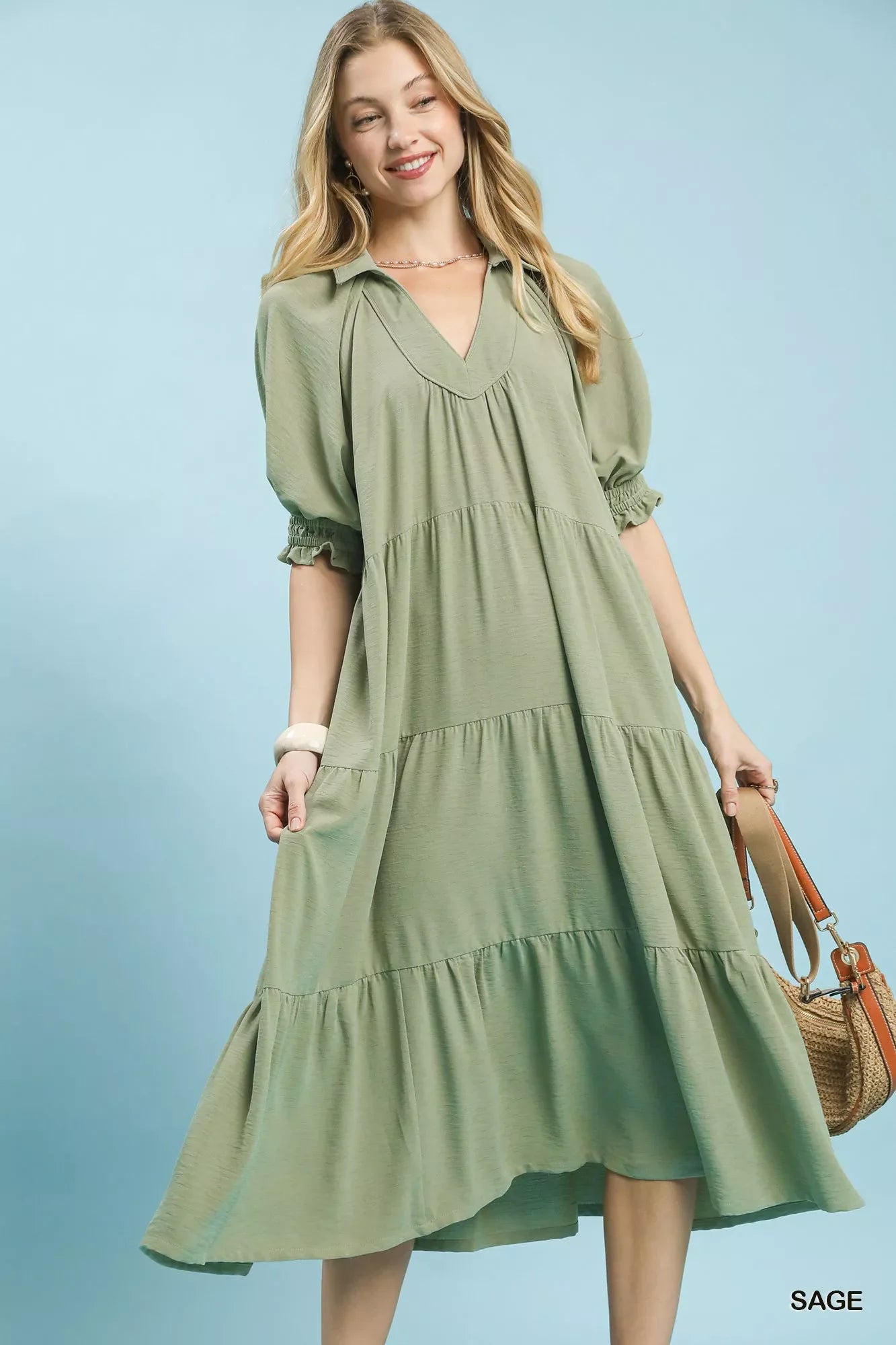Umgee Solid Tiered Midi Dress