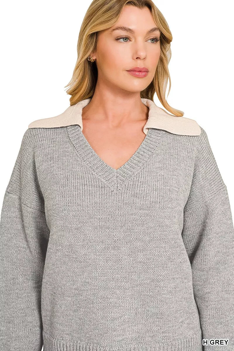 Zenana Dual-look Collared V-neck Sweater