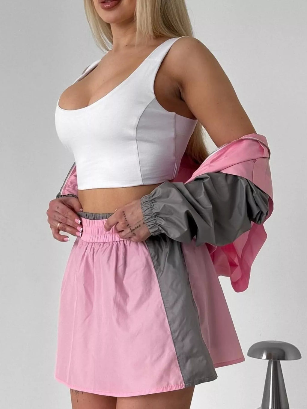Color Block Outerwear and Skirt Set