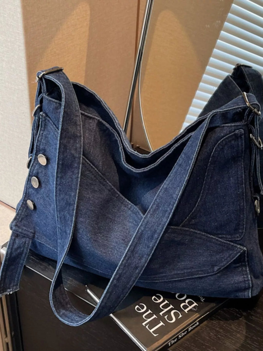 Casual Denim Crossbody Bag with Button Detail