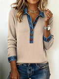 Full Size Denim Trim Button Detail Ribbed Knit Top Plus Size