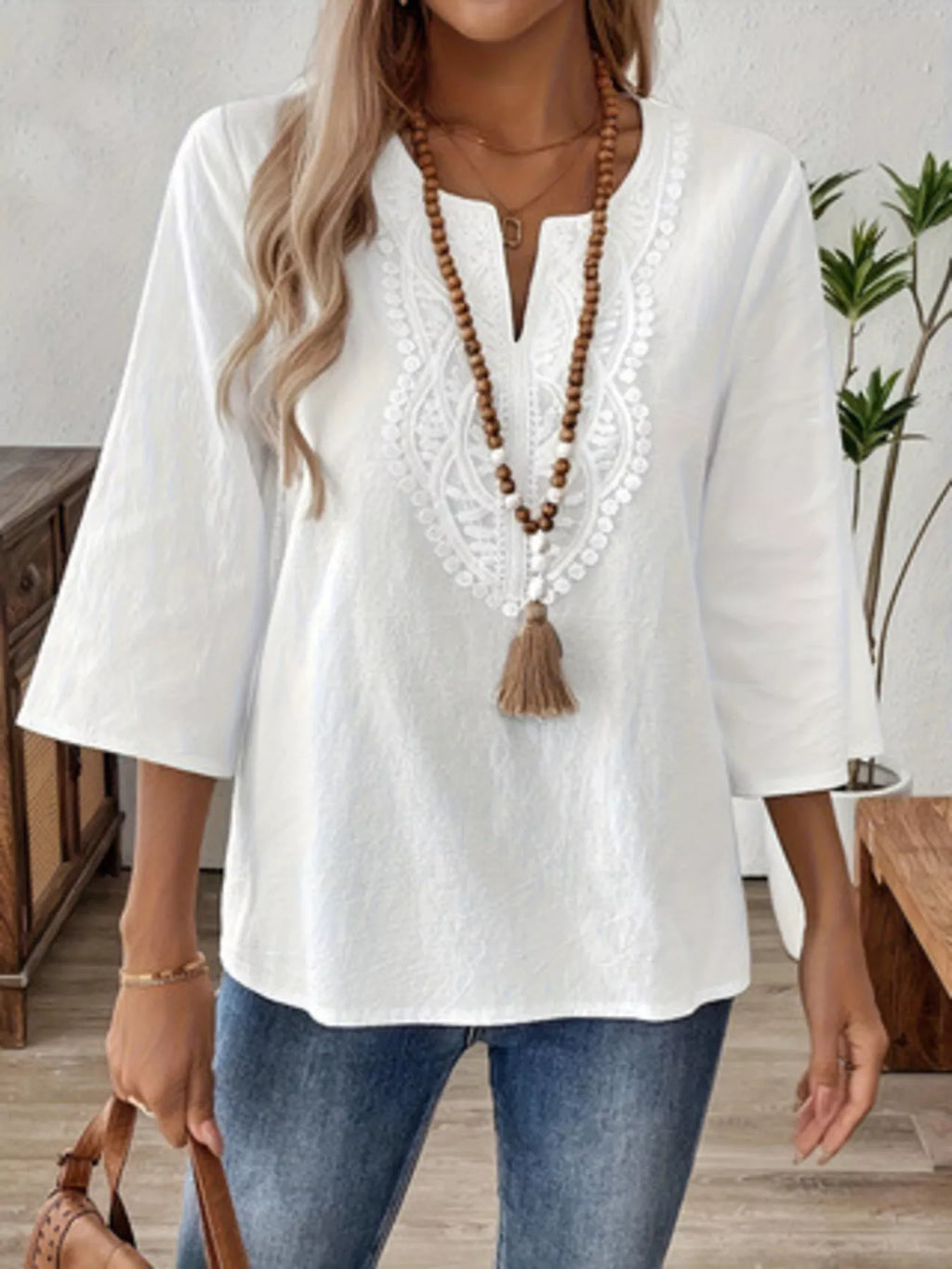 Lace Detail Notched 3/4 Sleeve Blouse