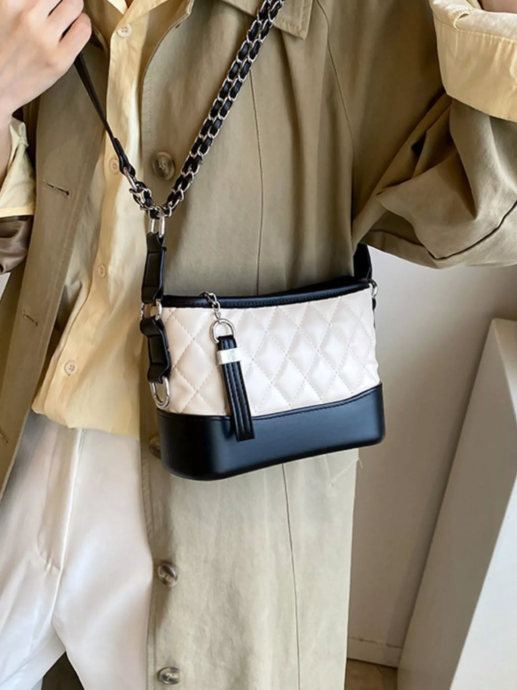 Quilted Bucket Crossbody Bag with Chain Strap