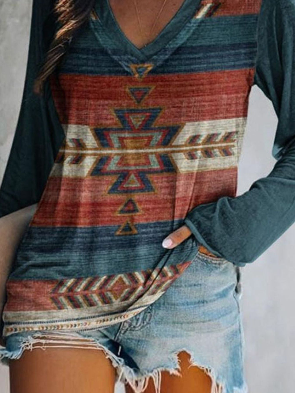 Full Size Geometric V-Neck Long Sleeve T-Shirt Plus Size