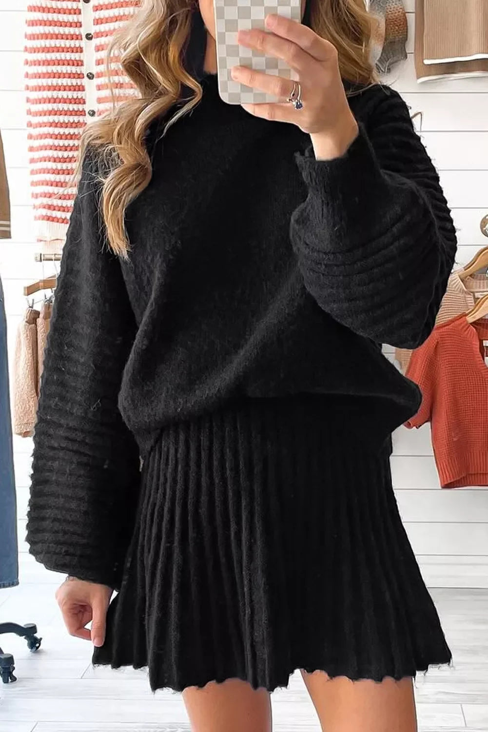 Round Neck Top and Skirt Sweater Set