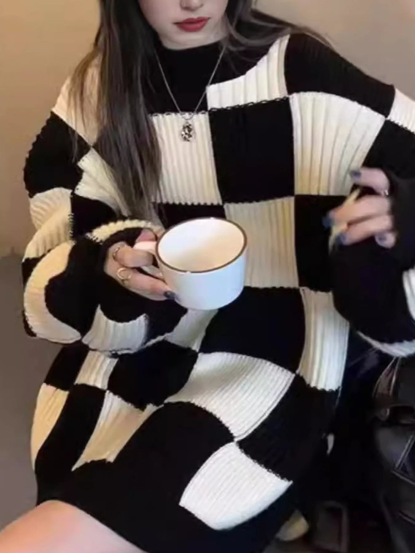 Checkerboard Pattern Oversized Sweater