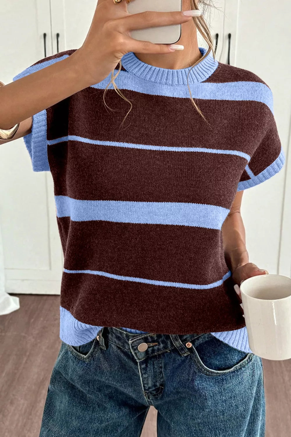 Striped Short Sleeve Round Neck Casual Knit Top