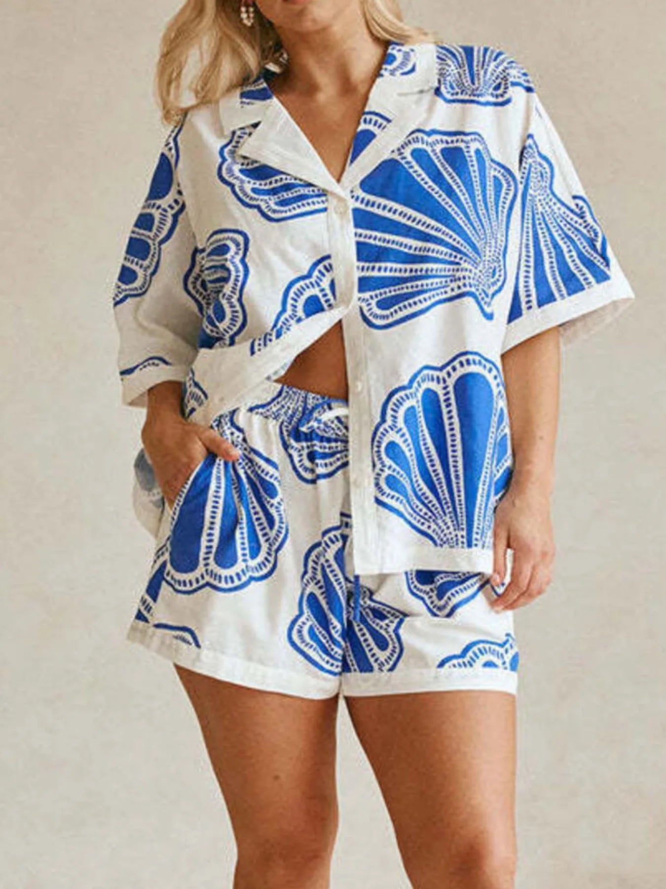 Printed Button Up Shirt and Shorts Set