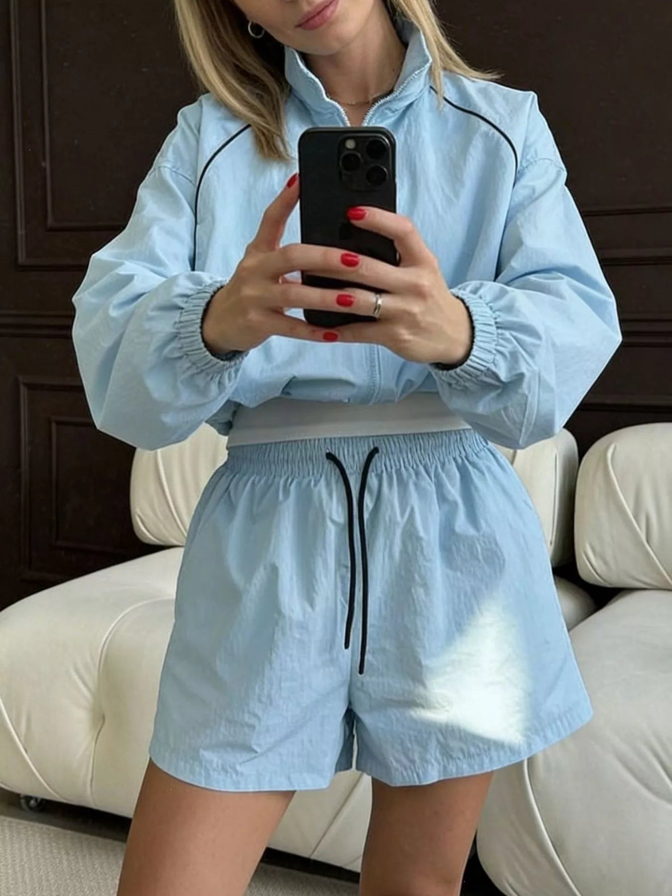 Zip Up Long Sleeve Outerwear and Shorts Set