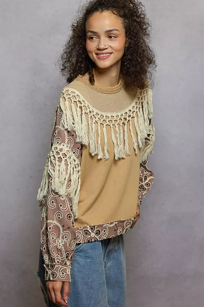 POL Contrast Floral Embroidery Balloon Sleeve Top with Tassel Trim