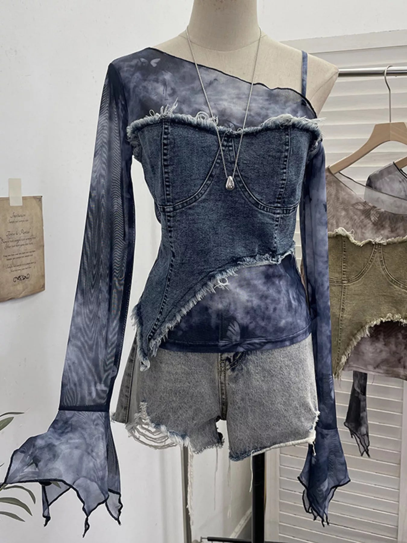 Asymmetrical Neck Denim Patchwork Top