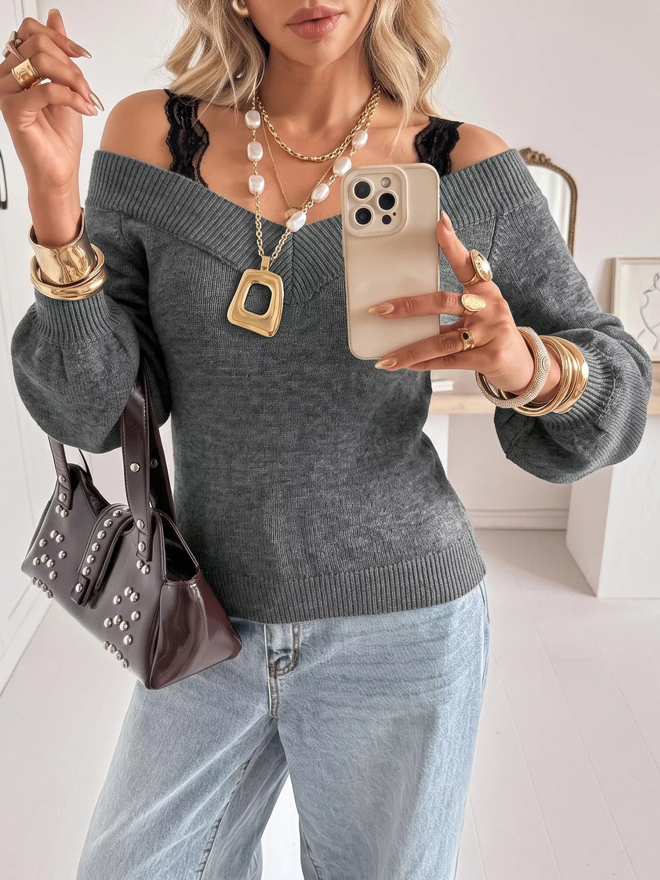 Off-Shoulder Lace Trim Sweater