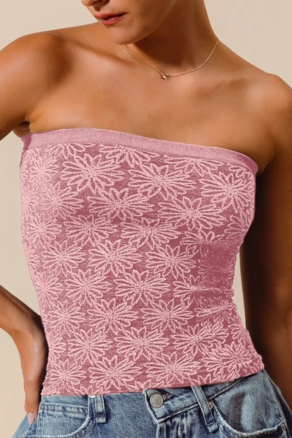 SO ME Jacquard Floral Two Tone Seamless Tube Top