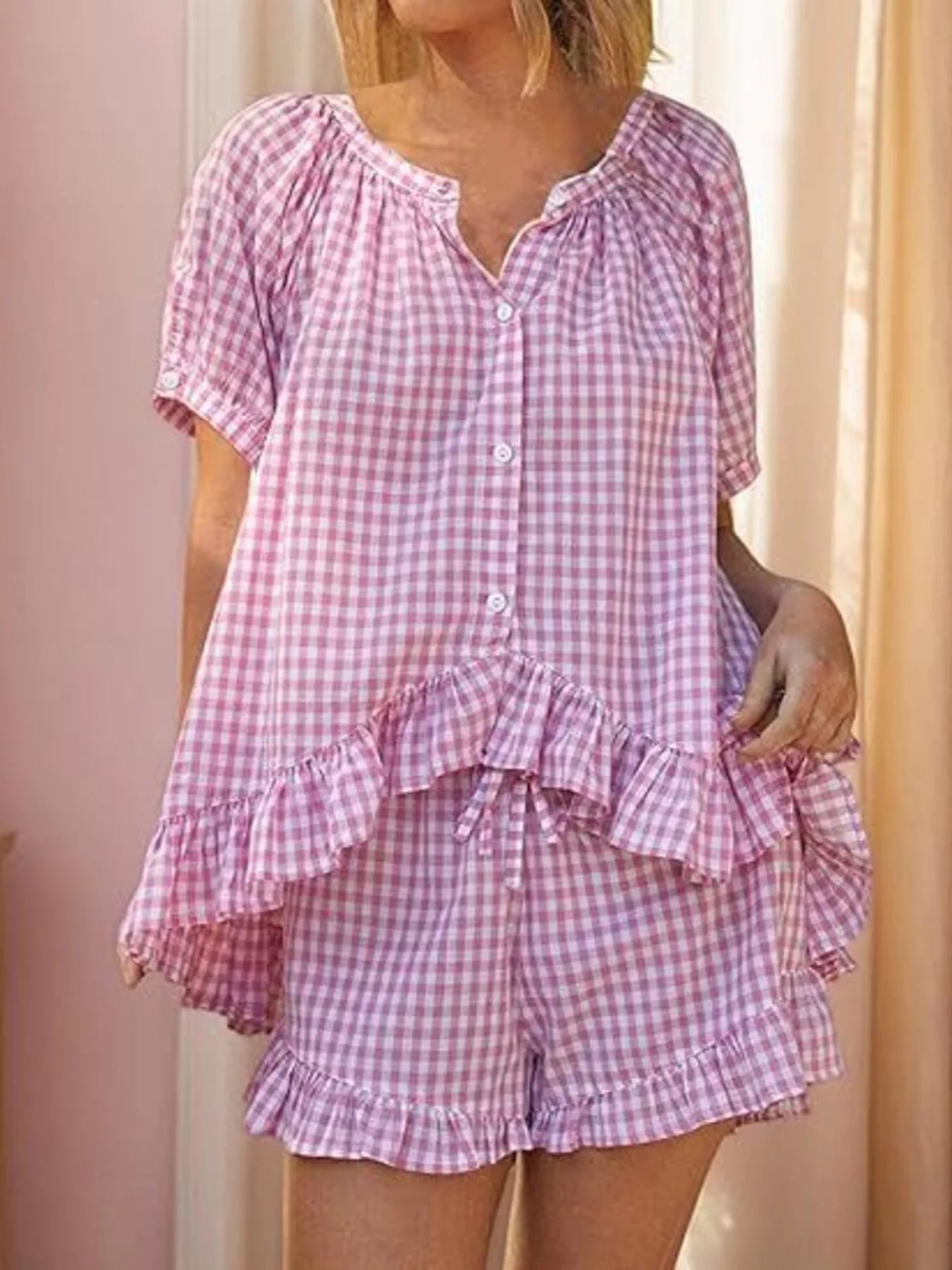 Gingham Ruffle Trim Top and Shorts Set