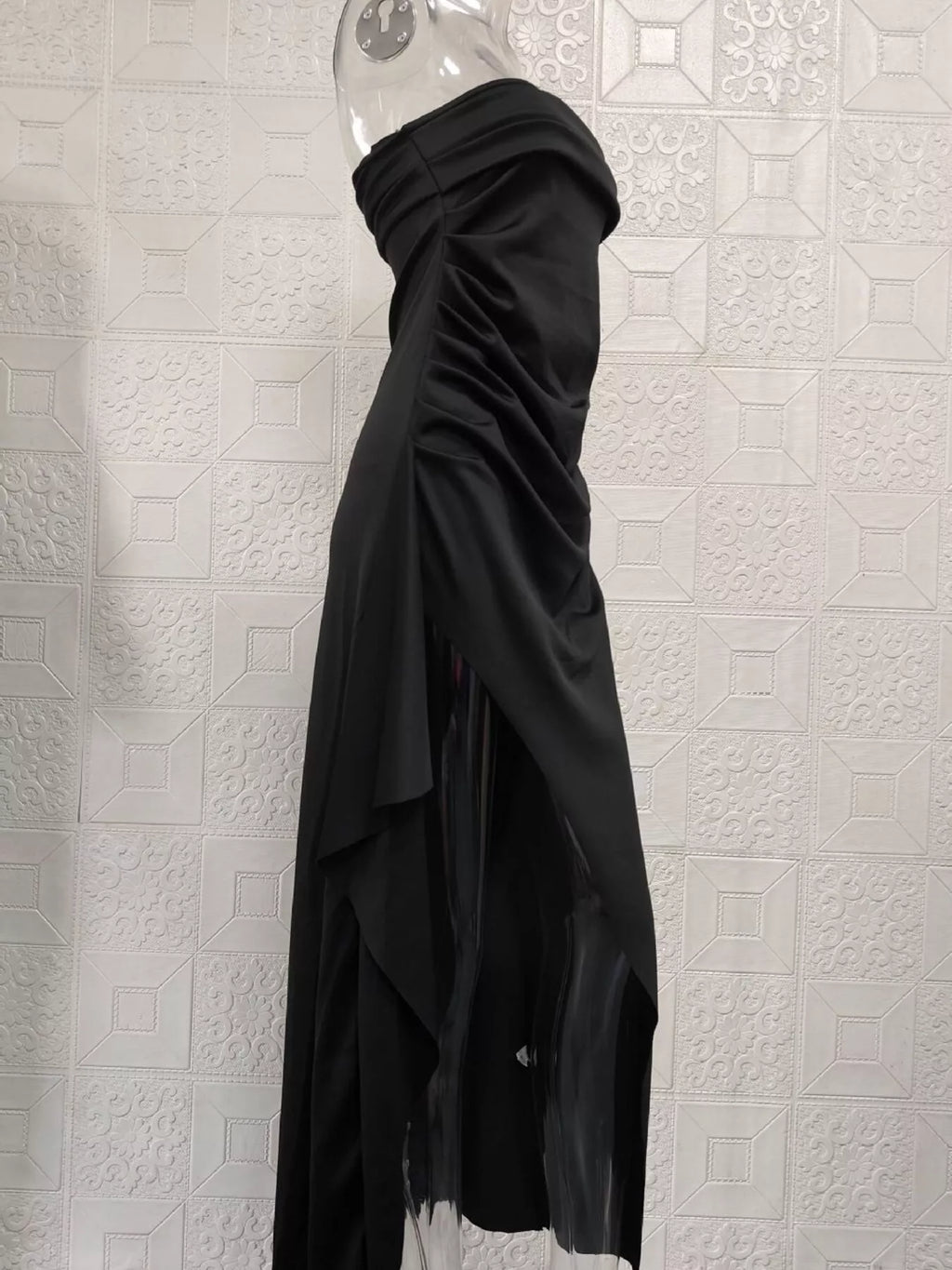 Strapless Ruched High Slit Maxi Dress