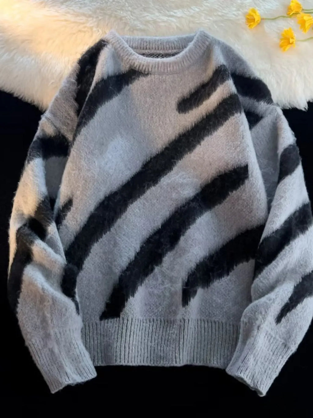 Men's Striped Fuzzy Knit Pullover Sweater