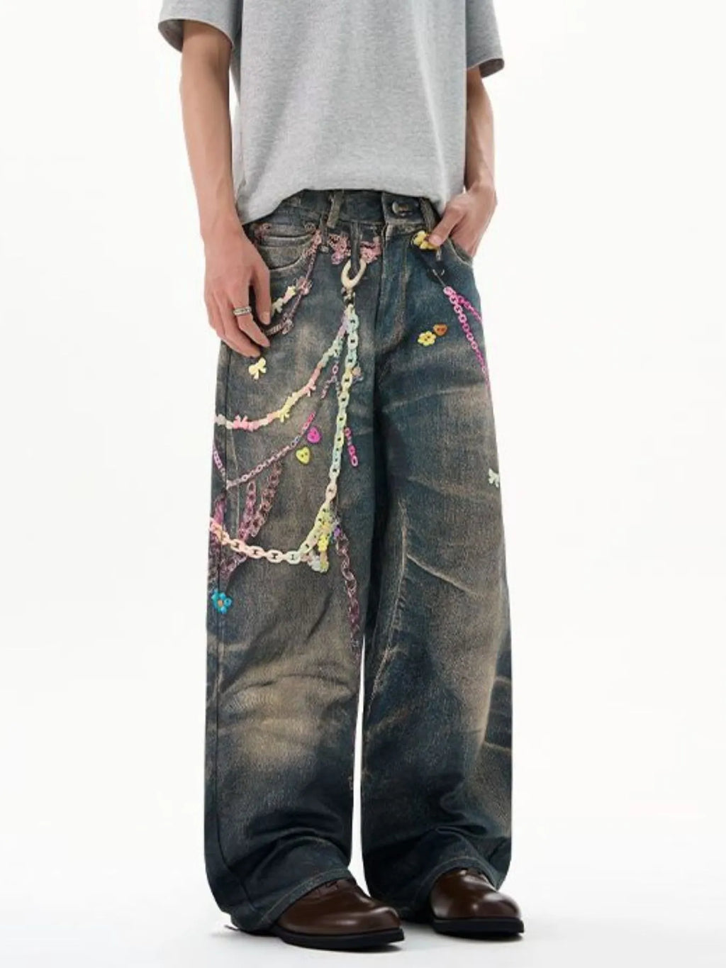Men's Printed Washed Distressed Wide Leg Jeans