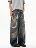 Men's Printed Washed Distressed Wide Leg Jeans