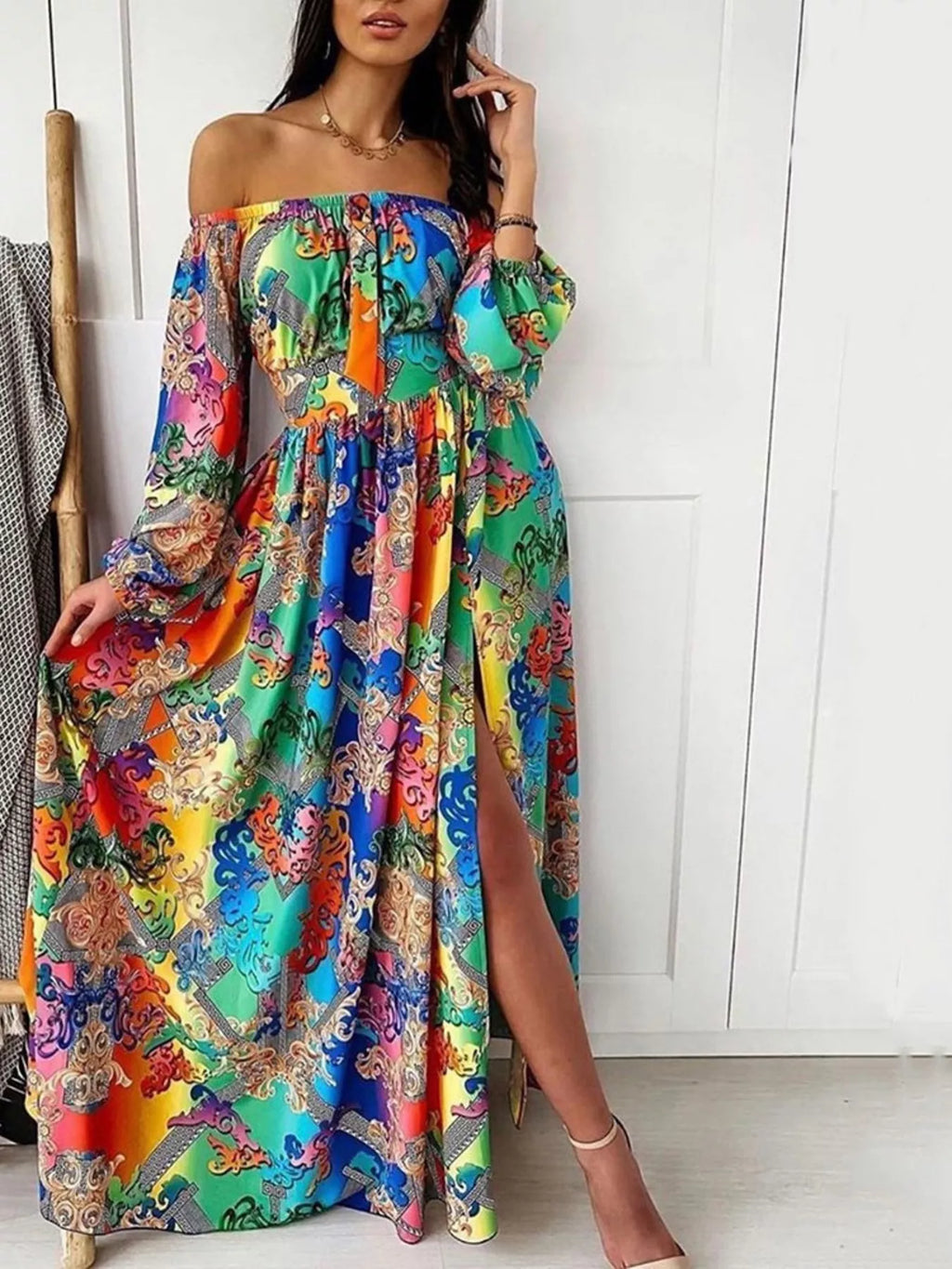 Slit Printed Off Shoulder Maxi Dress
