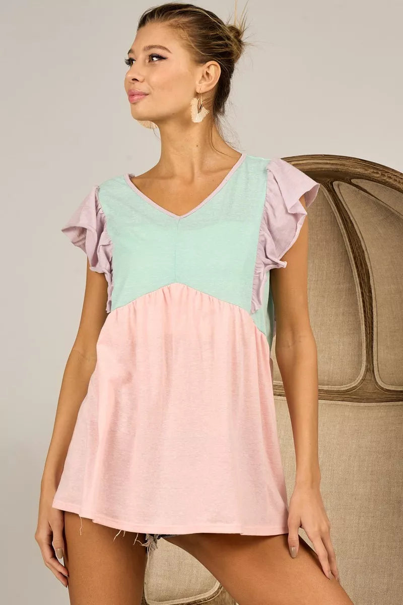 BiBi Triblend Color Block Ruffled Sleeve Babydoll Top