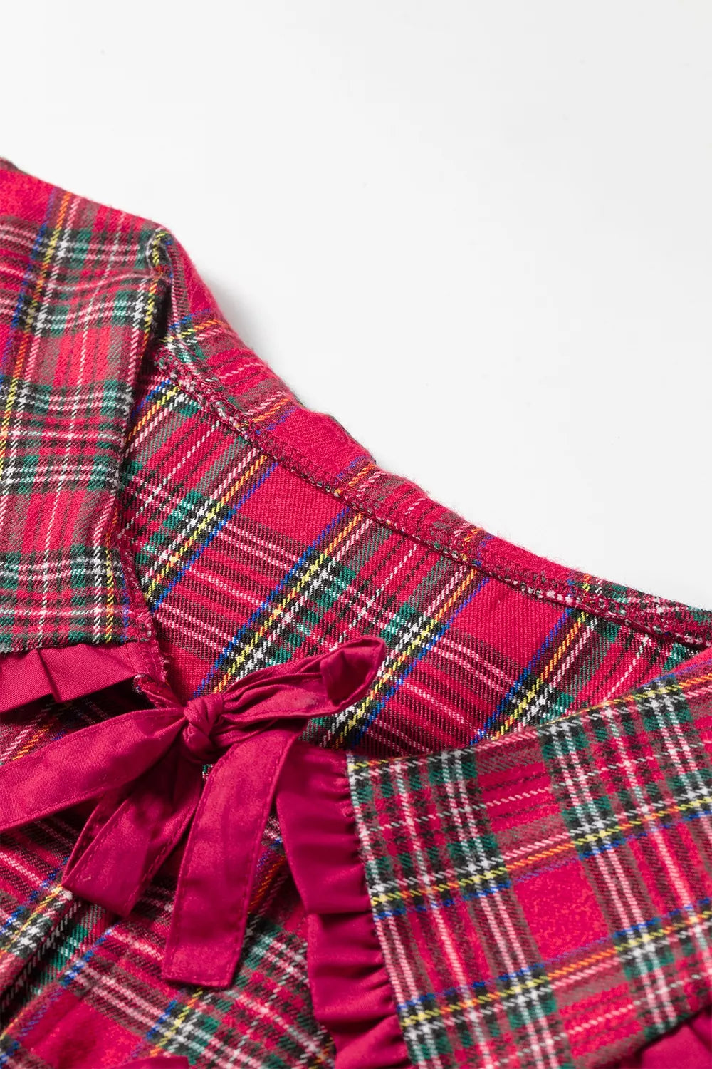 Plaid Tie Neck Ruffle Cuffs Long Sleeve Shift Blouse