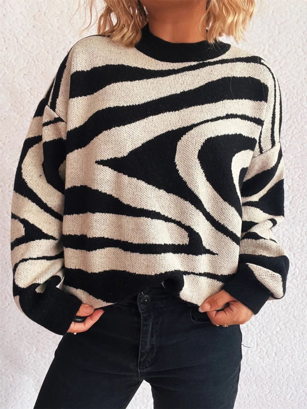 Zebra Print Round Neck Sweater
