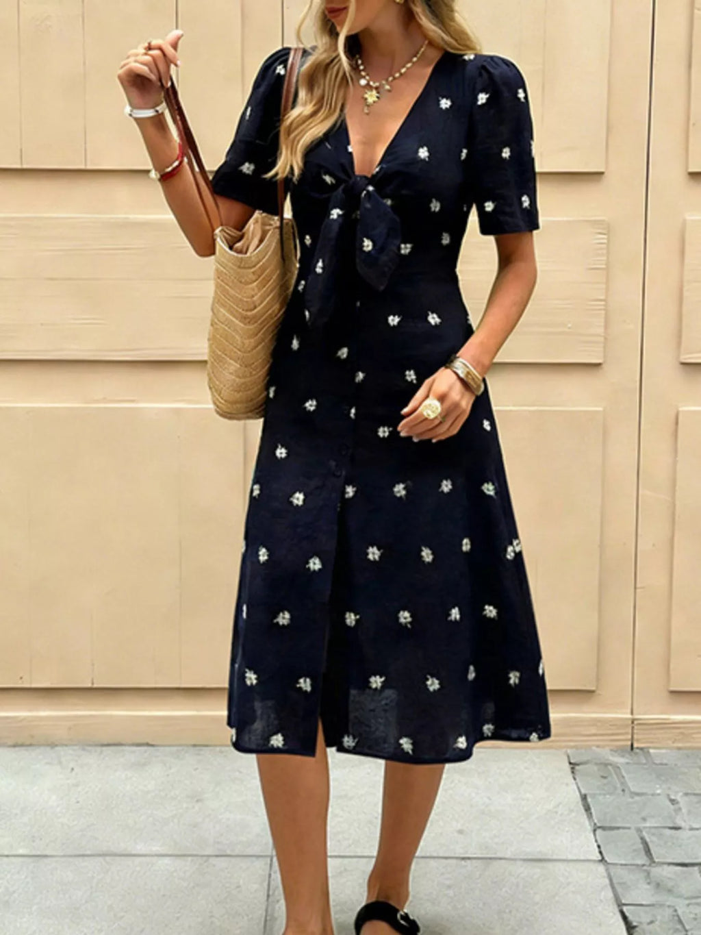 Daisy Print Tie-Front Midi Dress