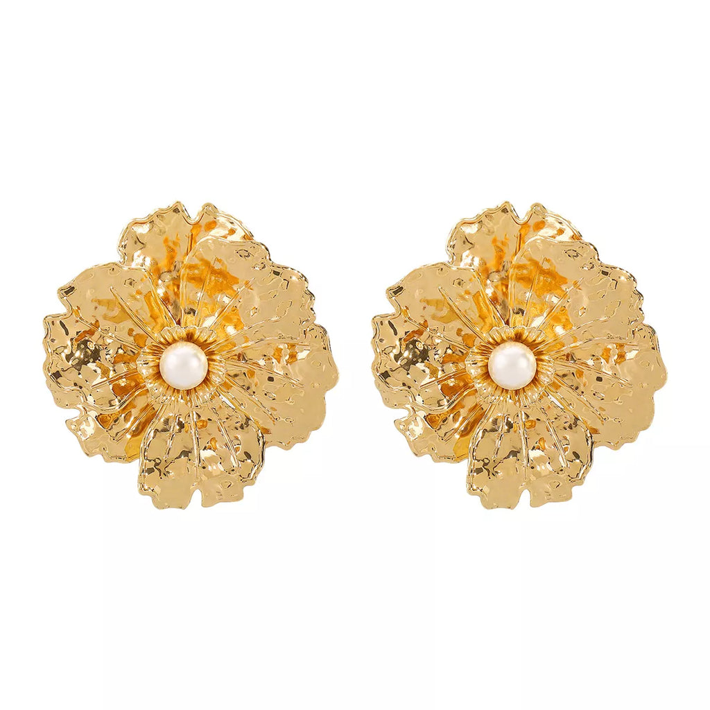 Gold Textured Flower Pearl Center Statement Earrings