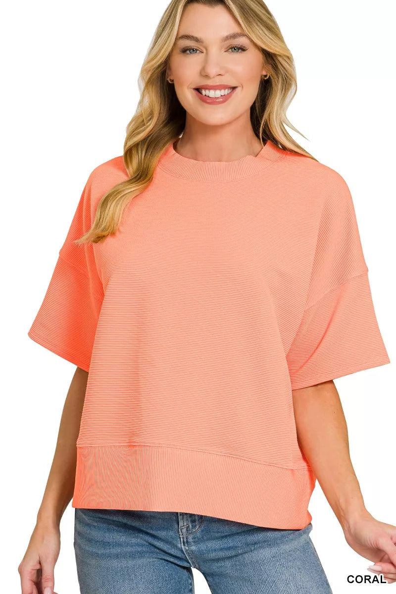 Zenana Ribbed Round Neck Waist Banded T-Shirt