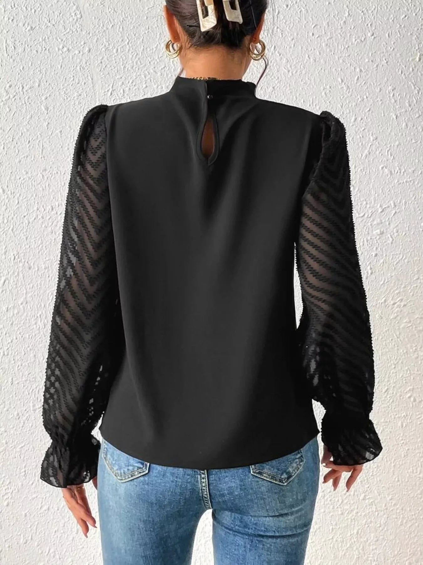 Mock Neck Sheer Lace Sleeve Blouse