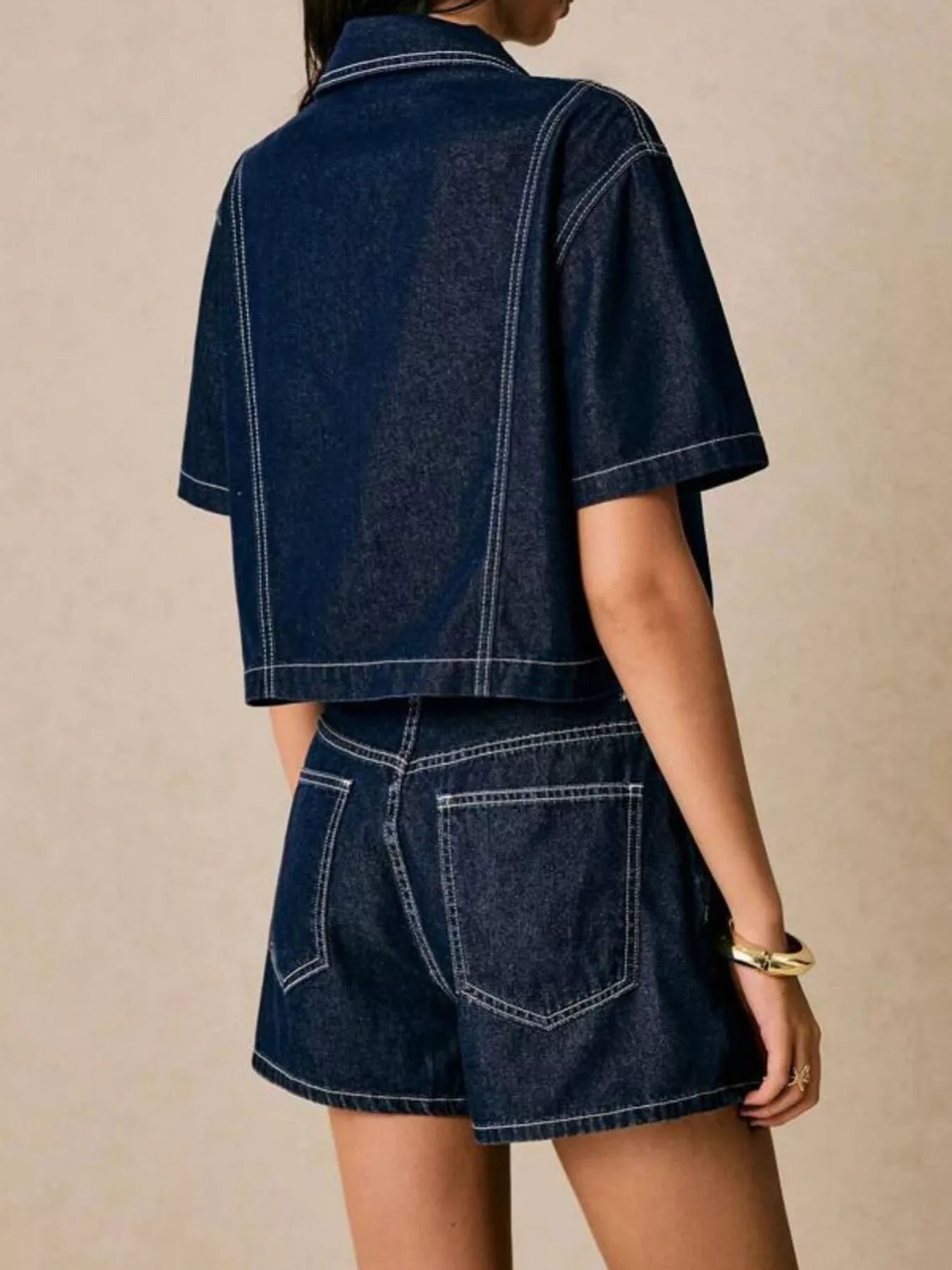 Button Up Short Sleeve Top and Skort Denim Set