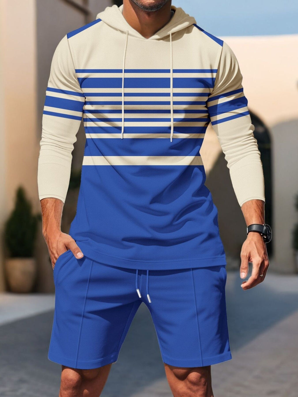 Men's Full Size Striped Hoodie & Shorts Casual Set Plus Size
