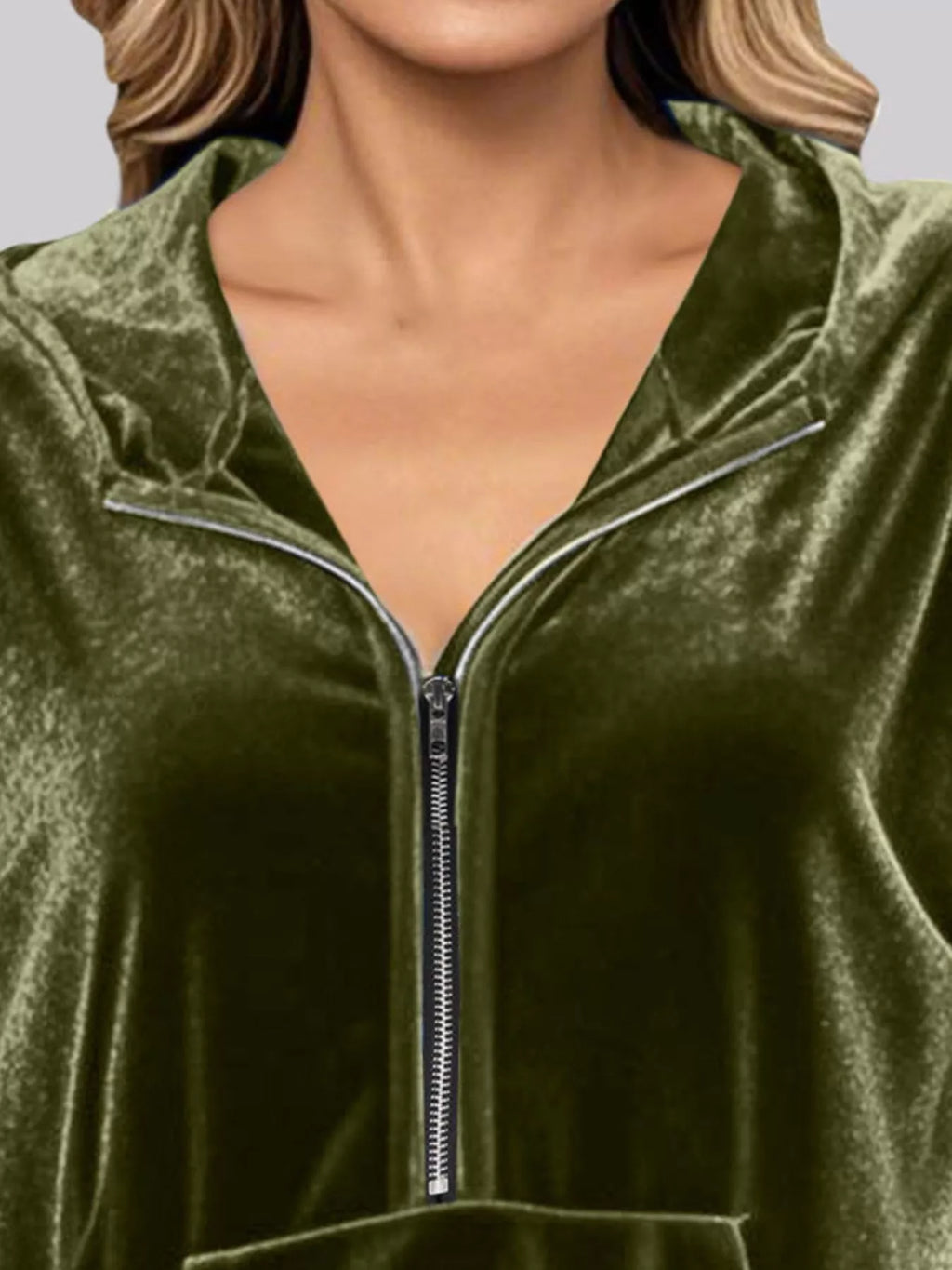 Full Size Velvet Half Zip Hoodie with Kangaroo Pocket Plus Size