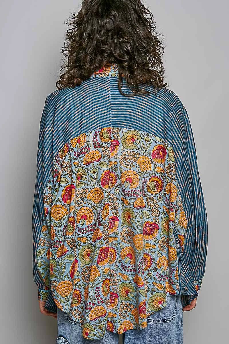 POL Patchwork Mixed Textured Paisley Floral Stripe Long Sleeve Shirt